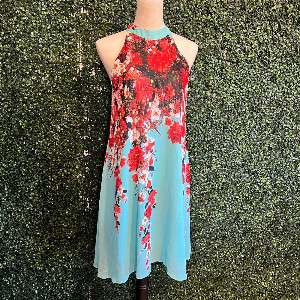 Floral Halter Neck Dress - Red and Blue